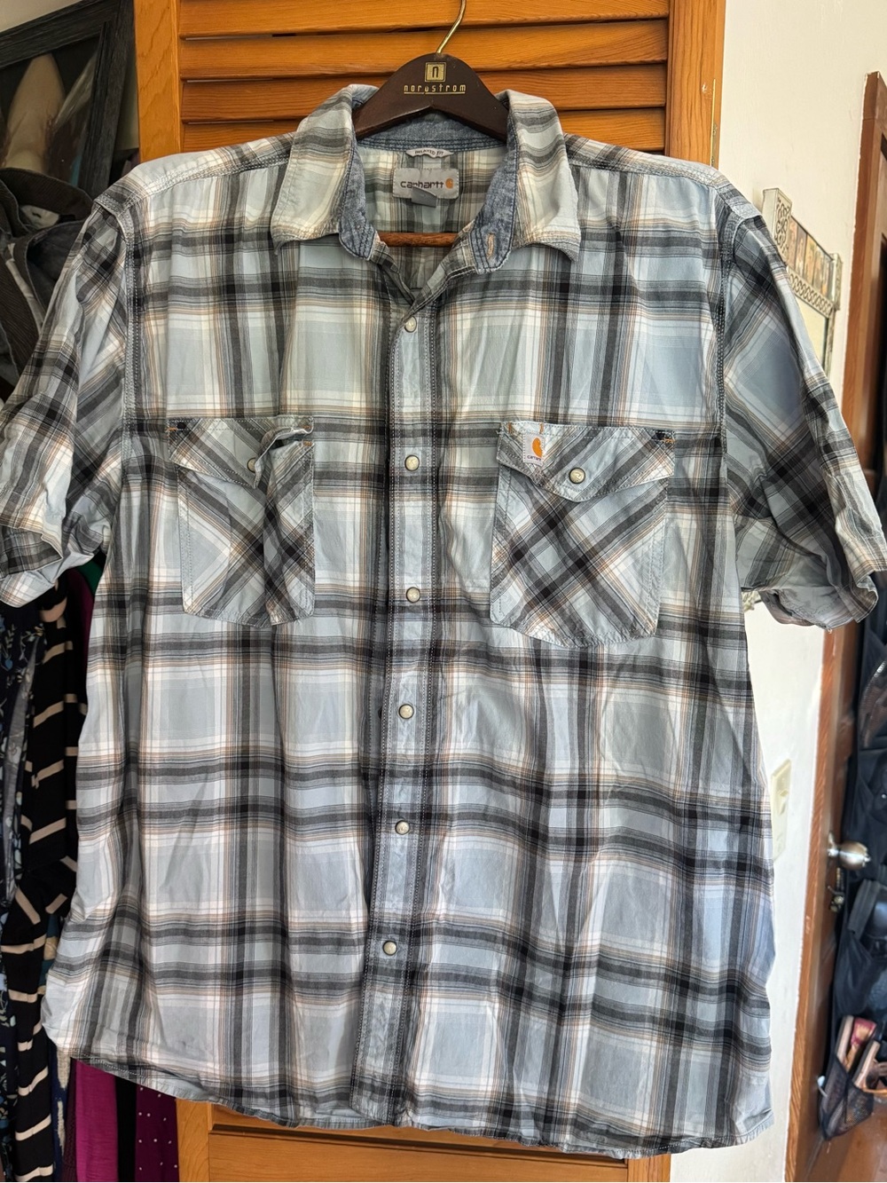 Carhartt Men’s Short-Sleeve Plaid Button-Down Shirt — Light Blue & Gray